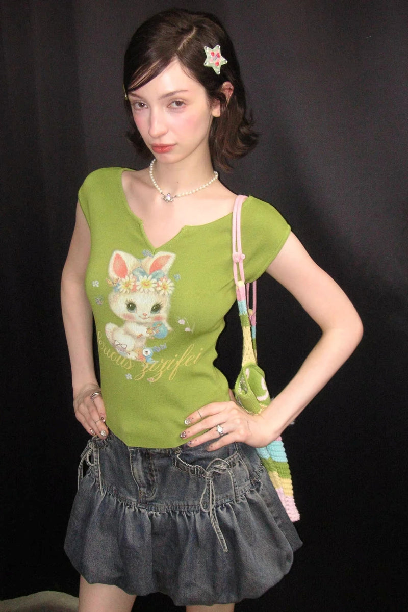 Green Rabbit Print V-neck Top