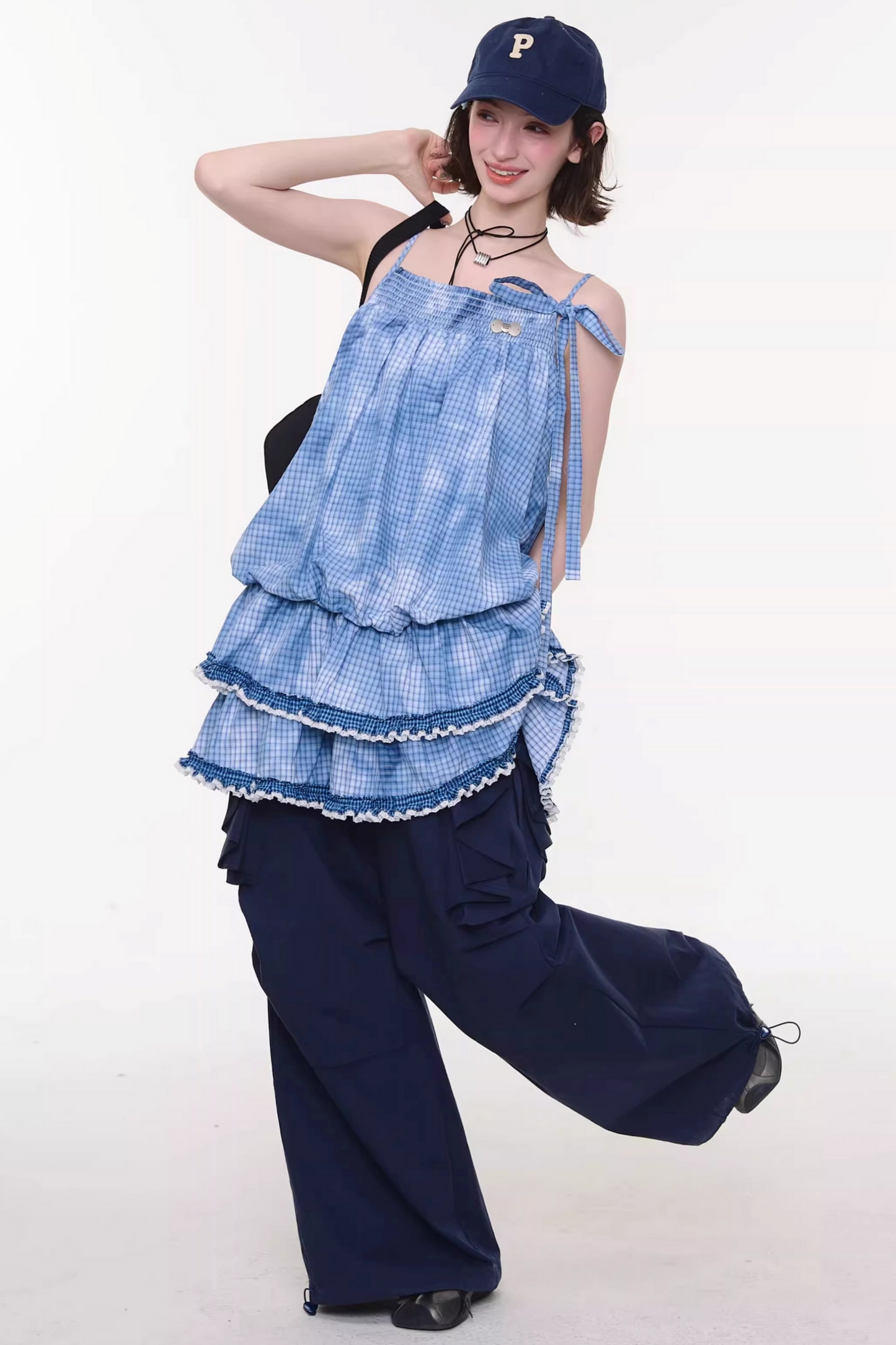 Tie-dye Blue Plaid Lace Dress