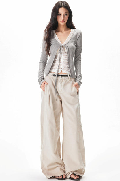 Fine Ribbed Knit Lace Blouse