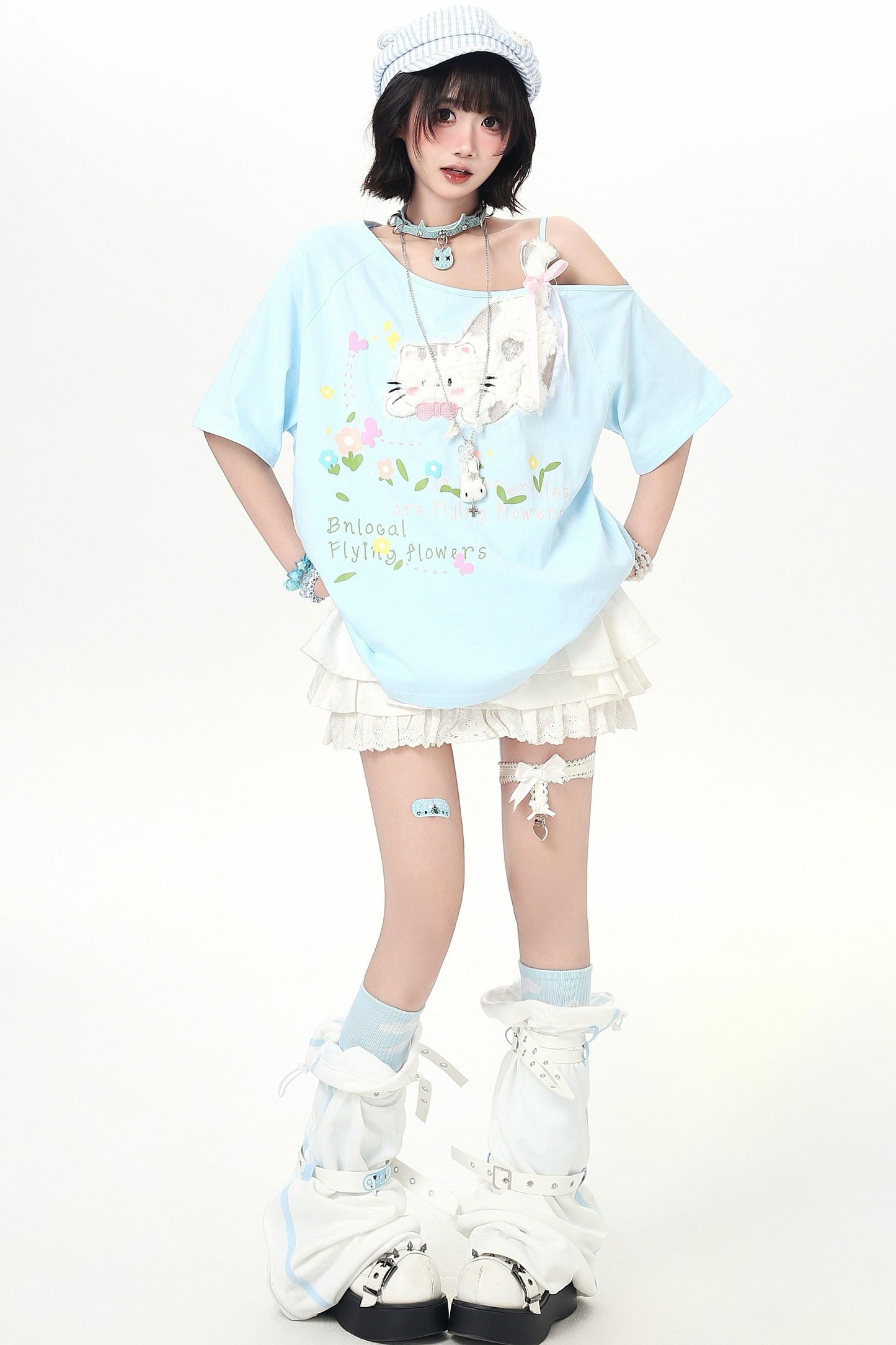 Sweet Cat Off-shoulder Strap Top