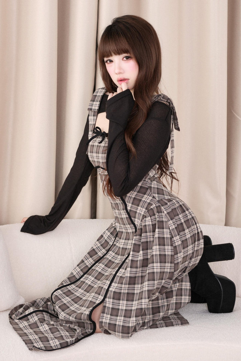 Black Top + Ribbon Shoulder Plaid Jsk Dress Set