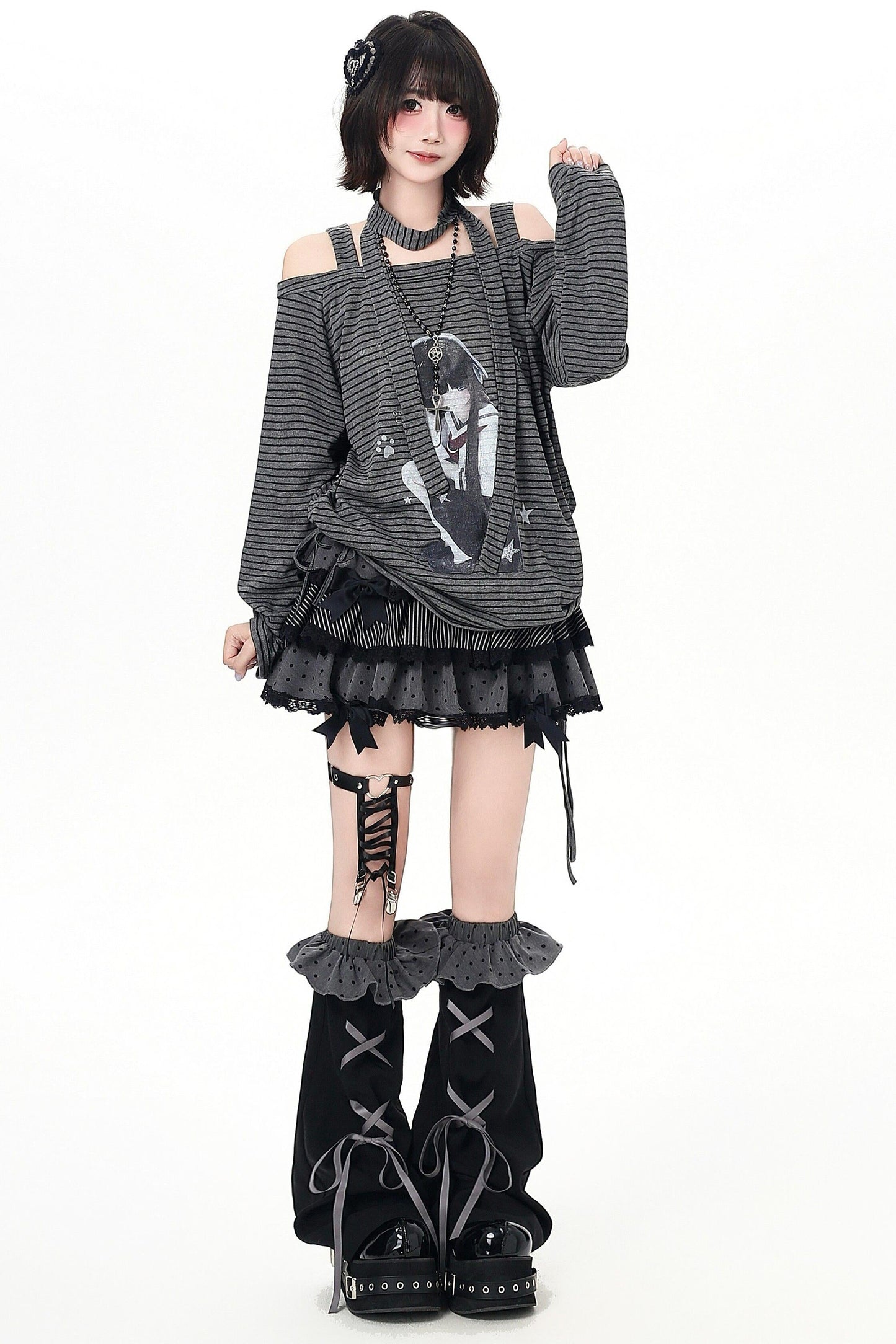Stripe Off-shoulder Drawstring Loose Long T-shirt (with Stole)