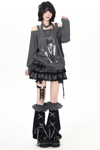 Stripe Off-shoulder Drawstring Loose Long T-shirt (with Stole)