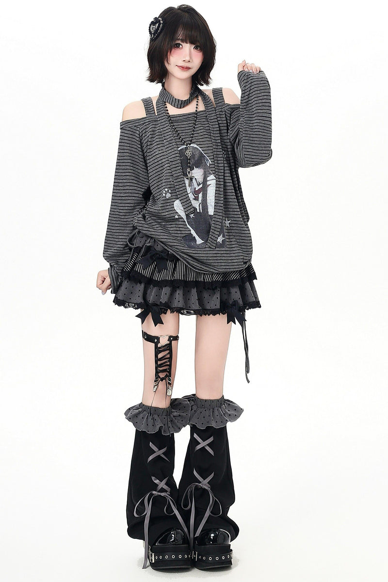 Stripe Off-shoulder Drawstring Loose Long T-shirt (with Stole)