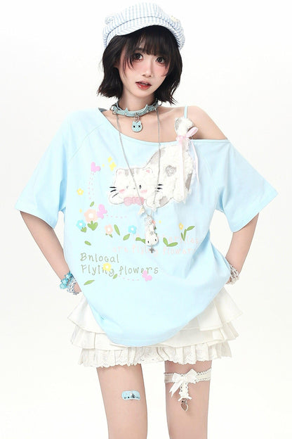 Sweet Cat Off-shoulder Strap Top