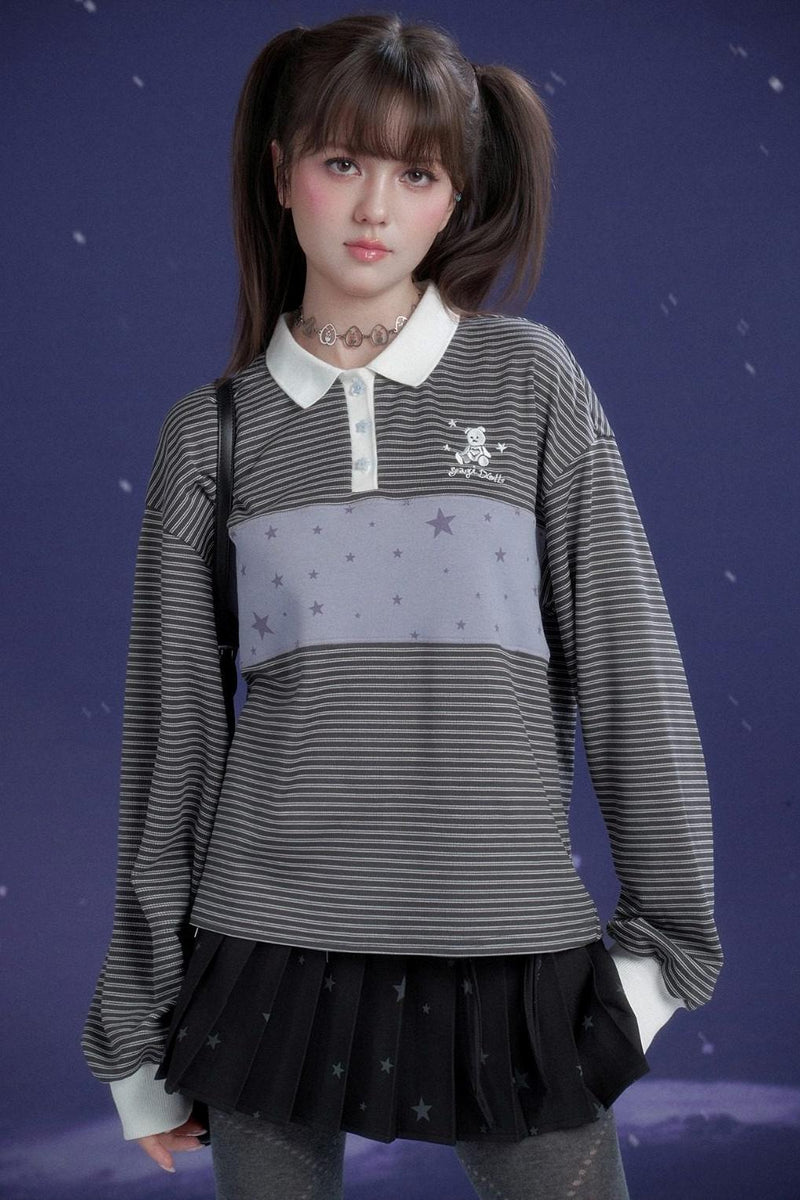 Gray and Purple Striped Polo Top