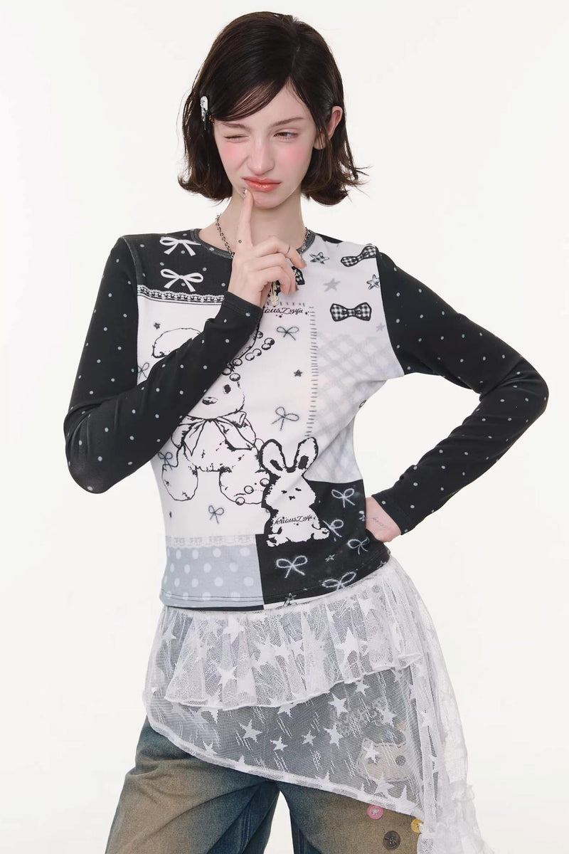 Rabbit Print Collage Contrast Top