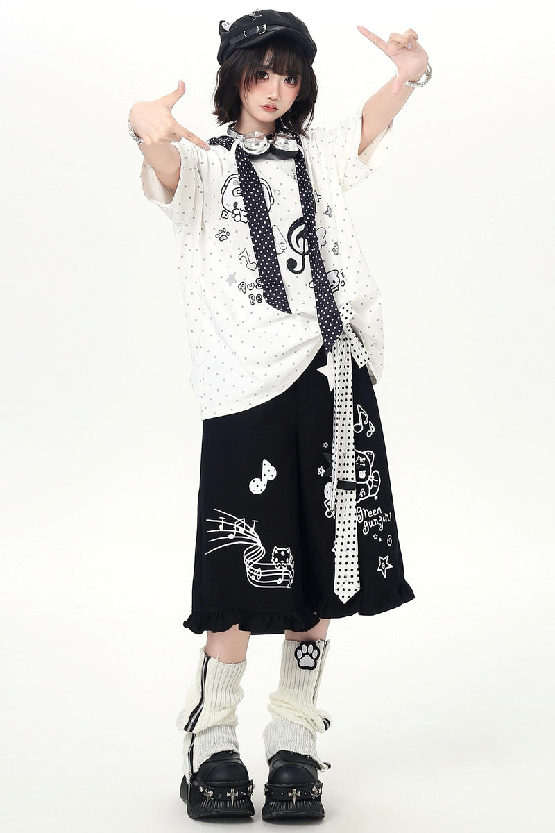 Cat Print Dot Tie Collar Loose T-shirt