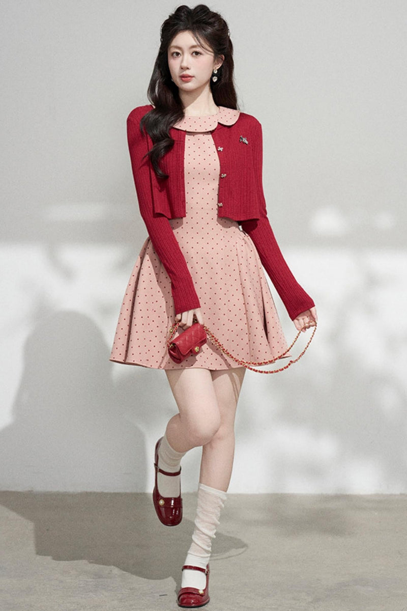 French Dot Dress + Cardigan