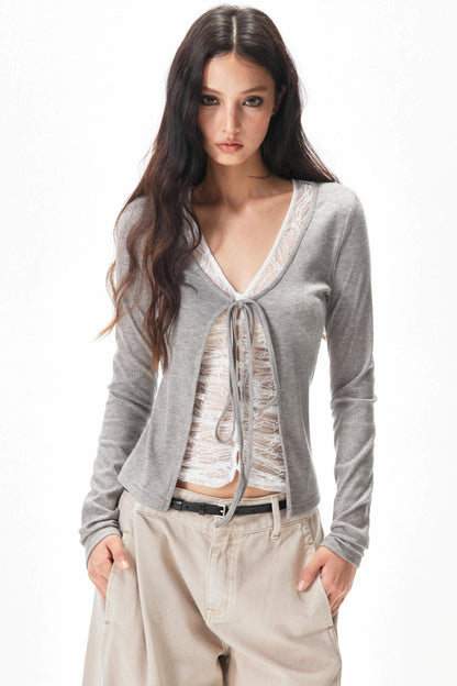 Fine Ribbed Knit Lace Blouse