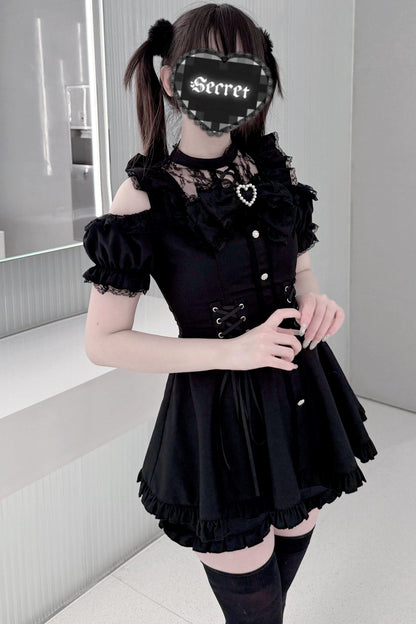 Black / Striped Gothic Lace Ribbon Dress Set