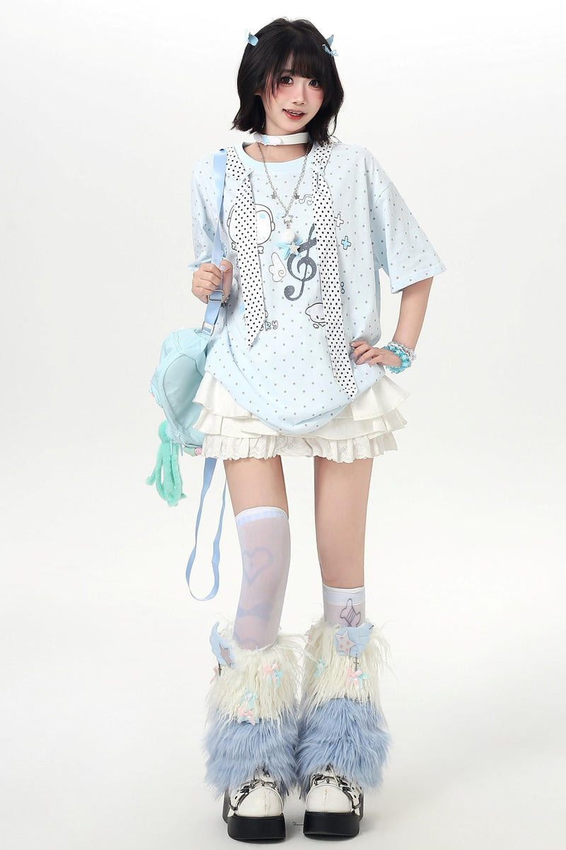 Cat Print Dot Tie Collar Loose T-shirt