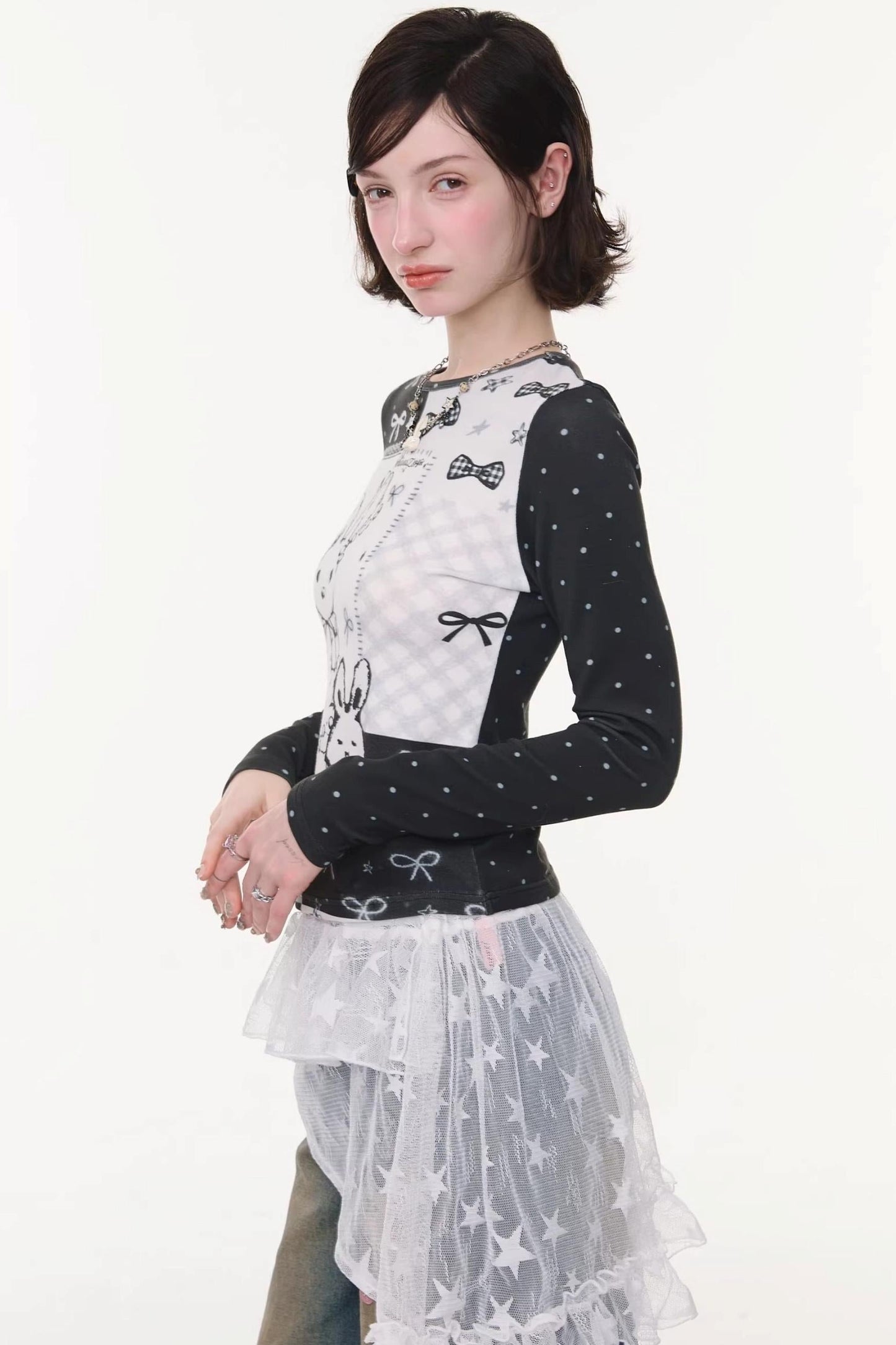 Rabbit Print Collage Contrast Top