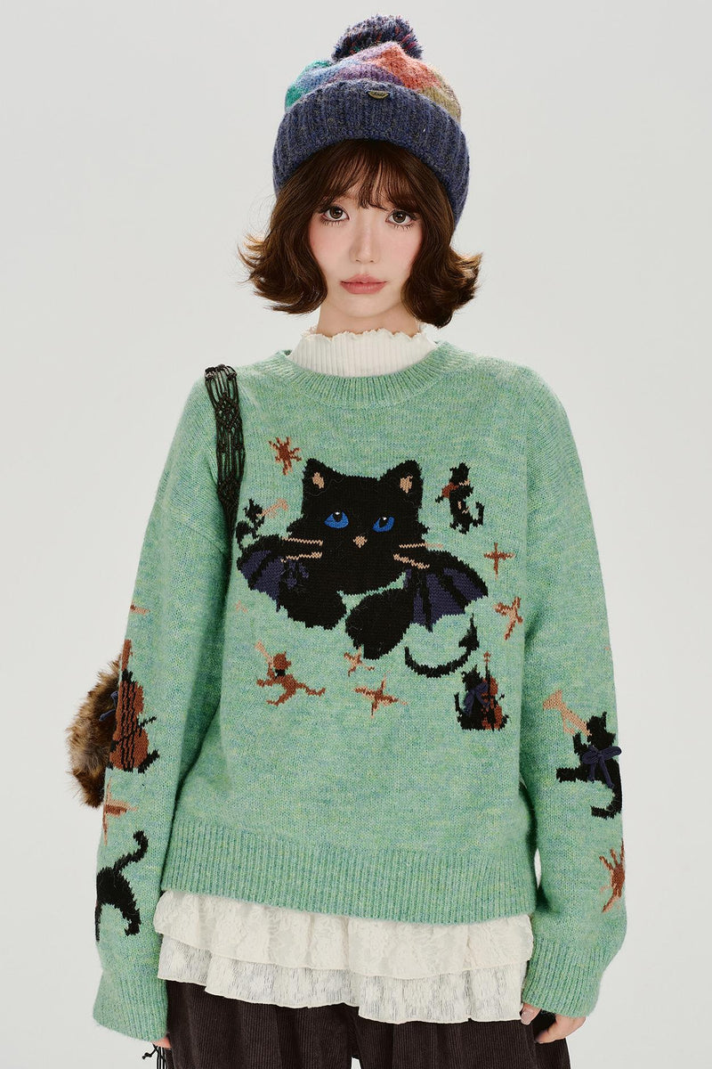 Cat Jacquard Retro Pullover Top