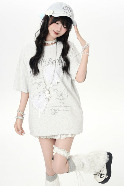 Korean Style Heart Lace Girly T-shirt