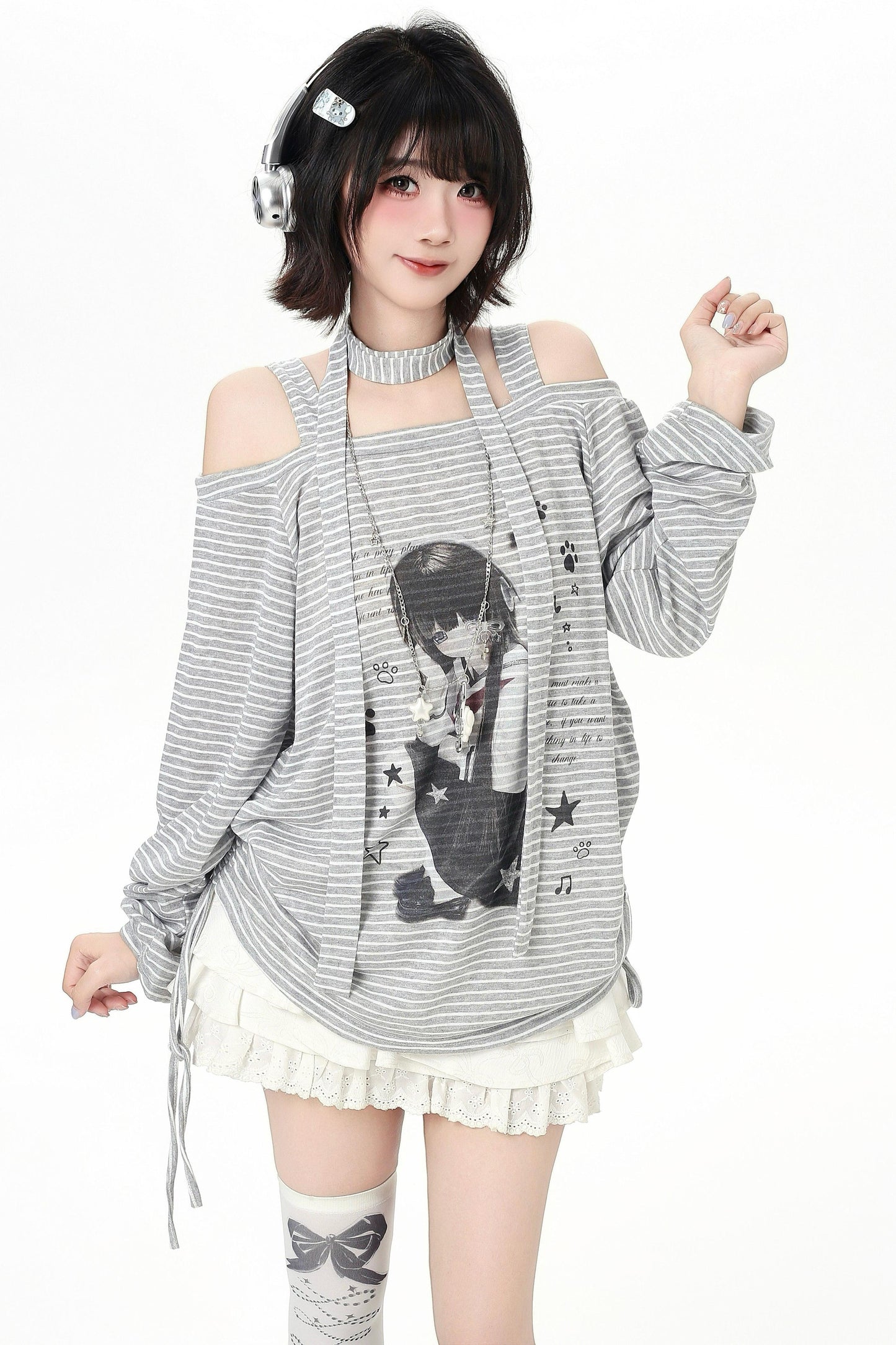 Stripe Off-shoulder Drawstring Loose Long T-shirt (with Stole)