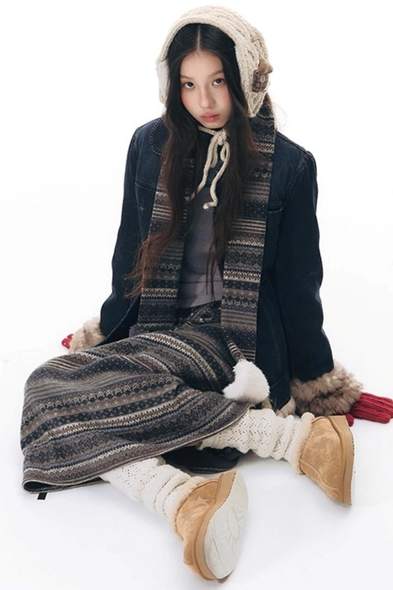 Fur Collar Denim Jacket + Skirt