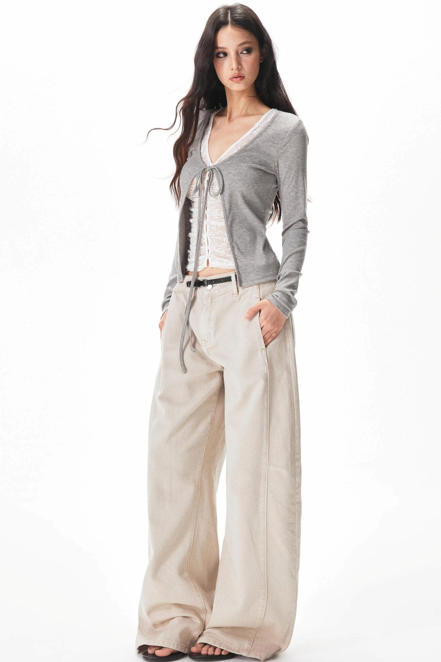 Fine Ribbed Knit Lace Blouse