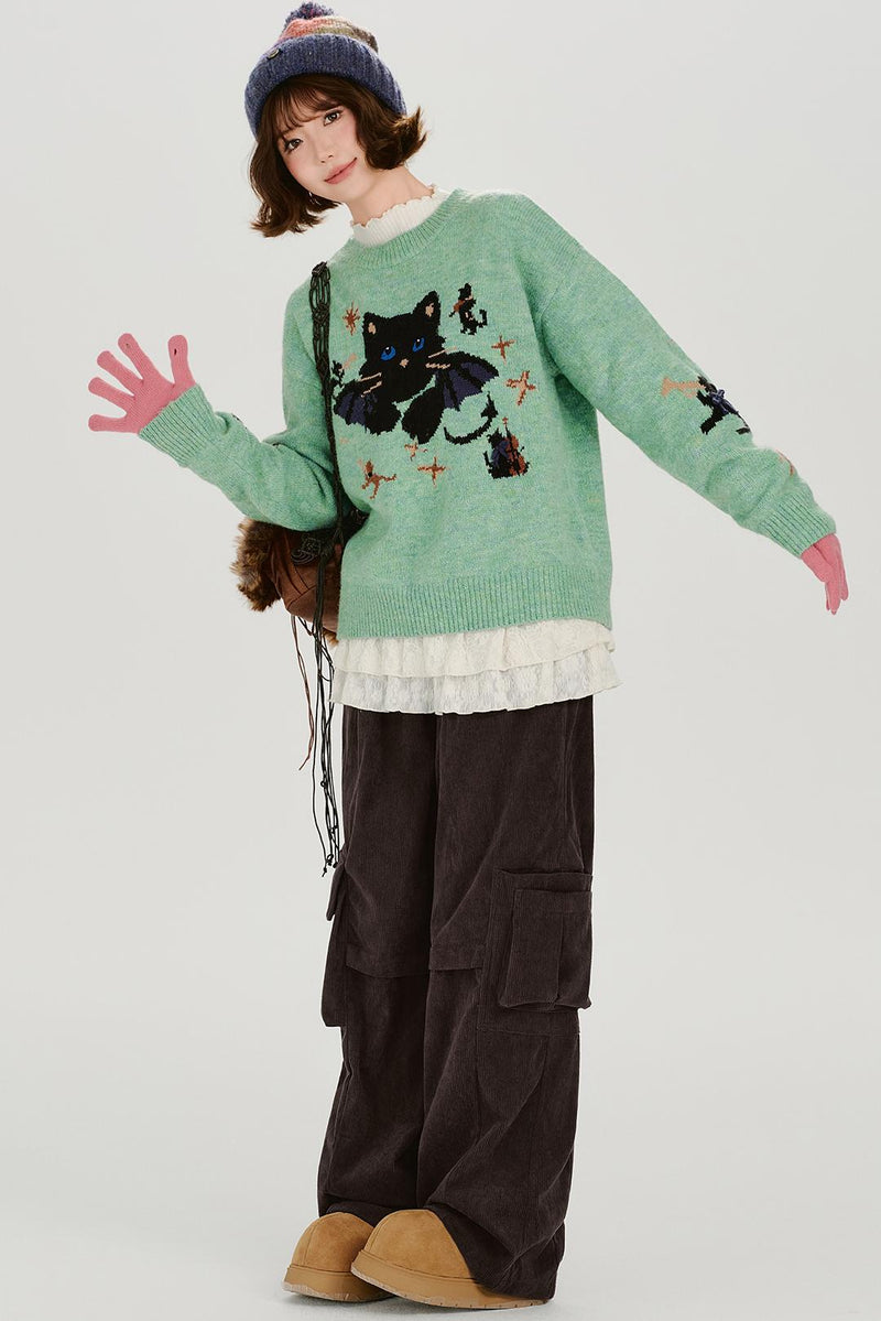 Cat Jacquard Retro Pullover Top