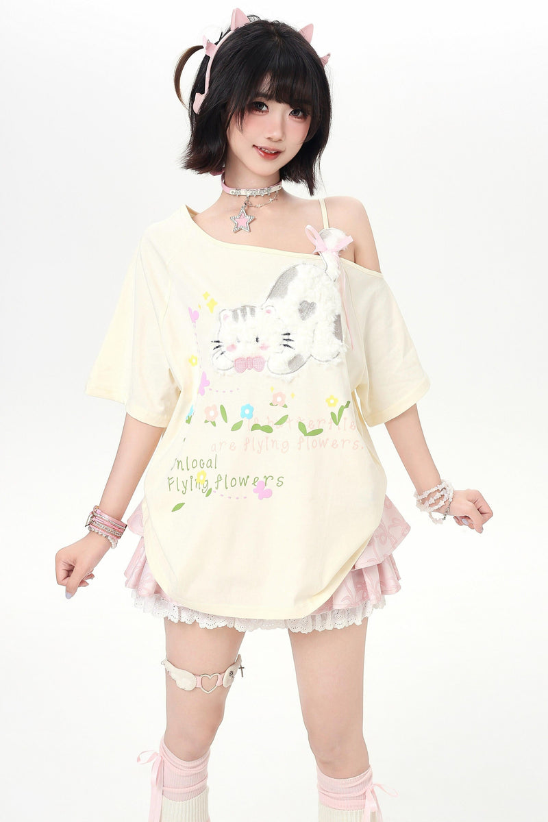 Sweet Cat Off-shoulder Strap Top