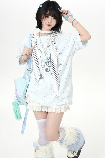 Cat Print Dot Tie Collar Loose T-shirt