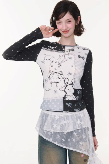 Rabbit Print Collage Contrast Top
