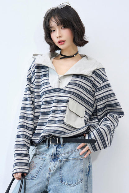 Striped Loose Hooded Cropped Top