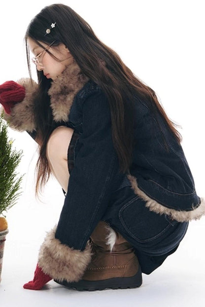Fur Collar Denim Jacket + Skirt