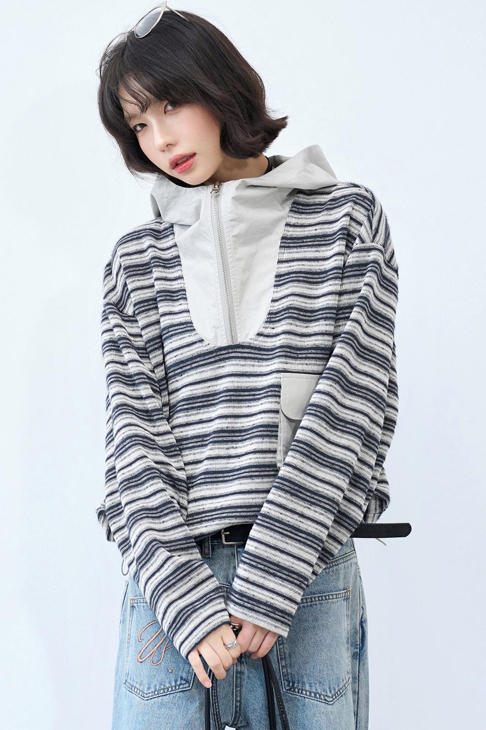 Striped Loose Hooded Cropped Top
