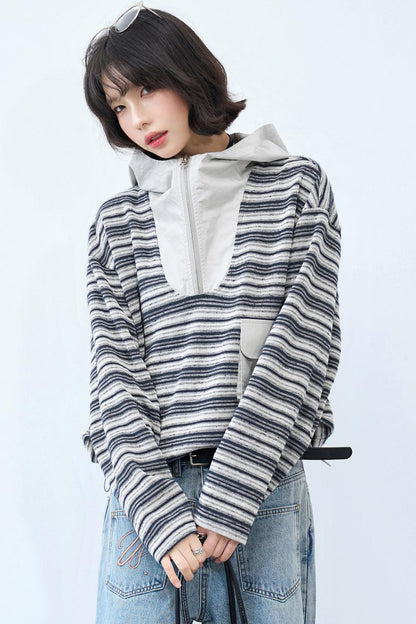 Striped Loose Hooded Cropped Top