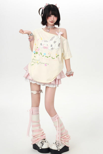 Sweet Cat Off-shoulder Strap Top