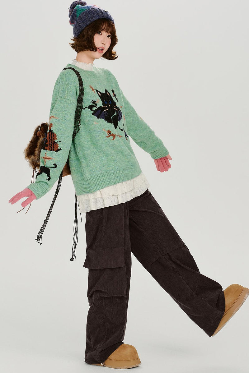 Cat Jacquard Retro Pullover Top