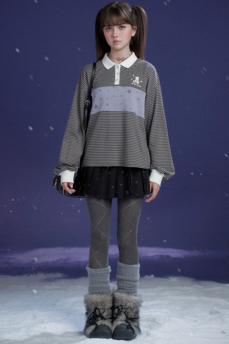 Gray and Purple Striped Polo Top