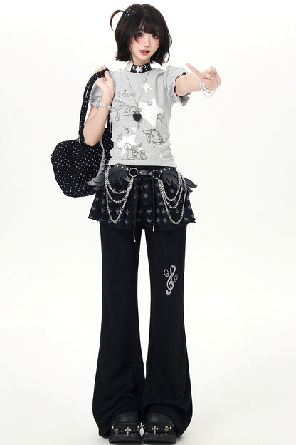Starry Print Girly Puff Sleeve Top