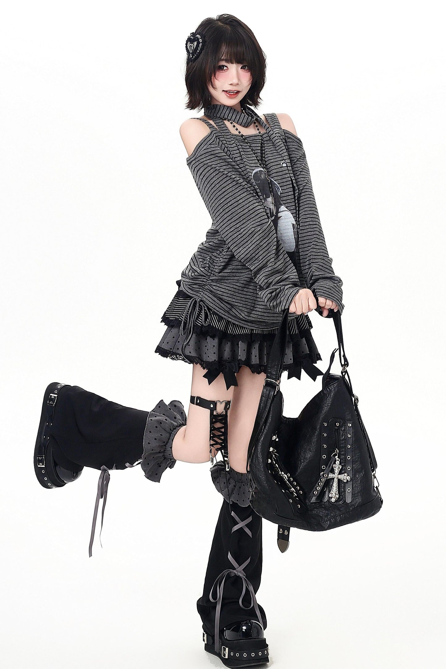 Stripe Off-shoulder Drawstring Loose Long T-shirt (with Stole)