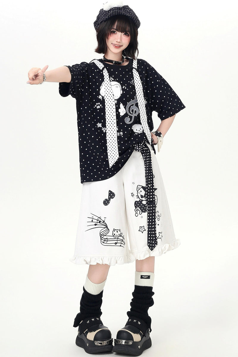Cat Print Dot Tie Collar Loose T-shirt