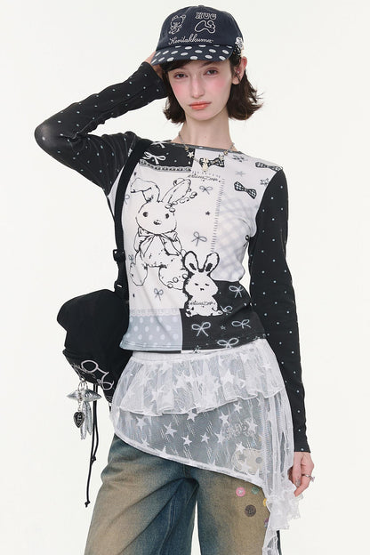 Rabbit Print Collage Contrast Top