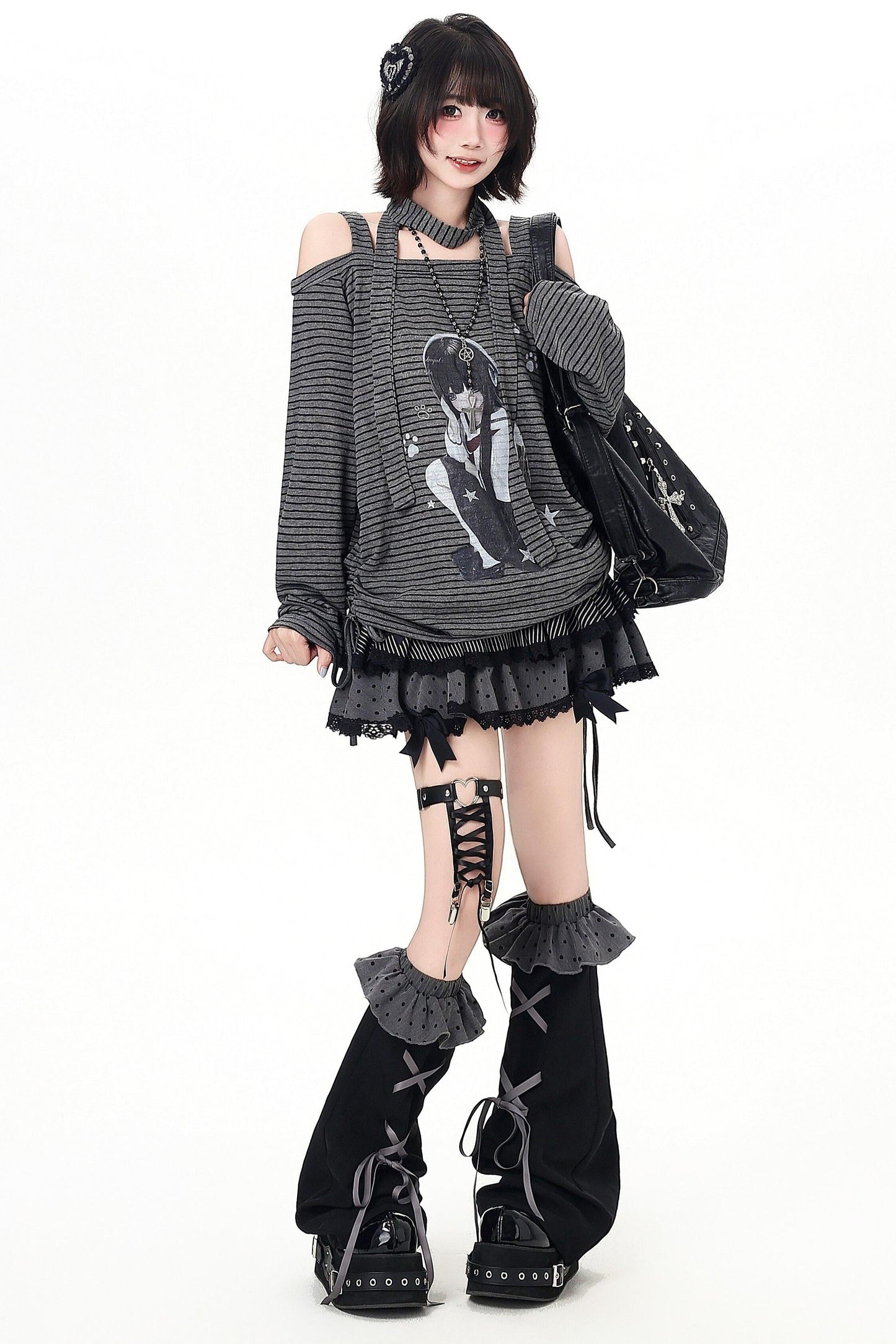 Stripe Off-shoulder Drawstring Loose Long T-shirt (with Stole)