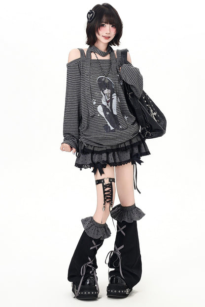 Stripe Off-shoulder Drawstring Loose Long T-shirt (with Stole)