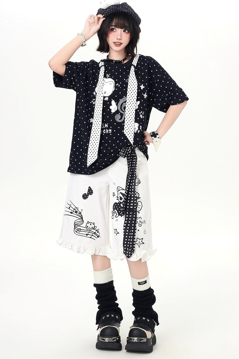 Cat Print Dot Tie Collar Loose T-shirt