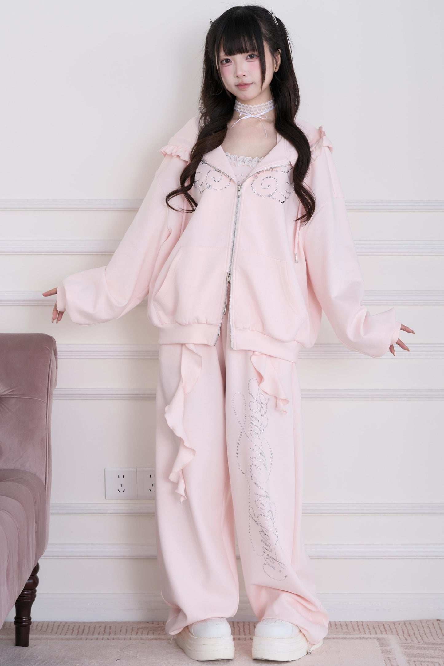 Lace Subculture Hooded Sweatshirt + Camisole + Shorts + Long Pants