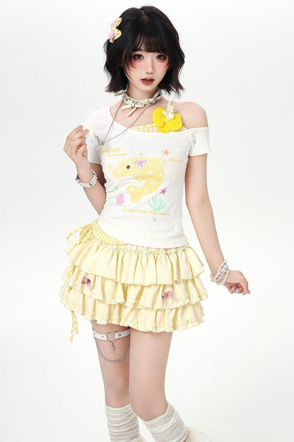 Off-shoulder Dolphin Summer Fake Two-piece Top