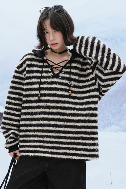 Striped Loose Mode Hood Top
