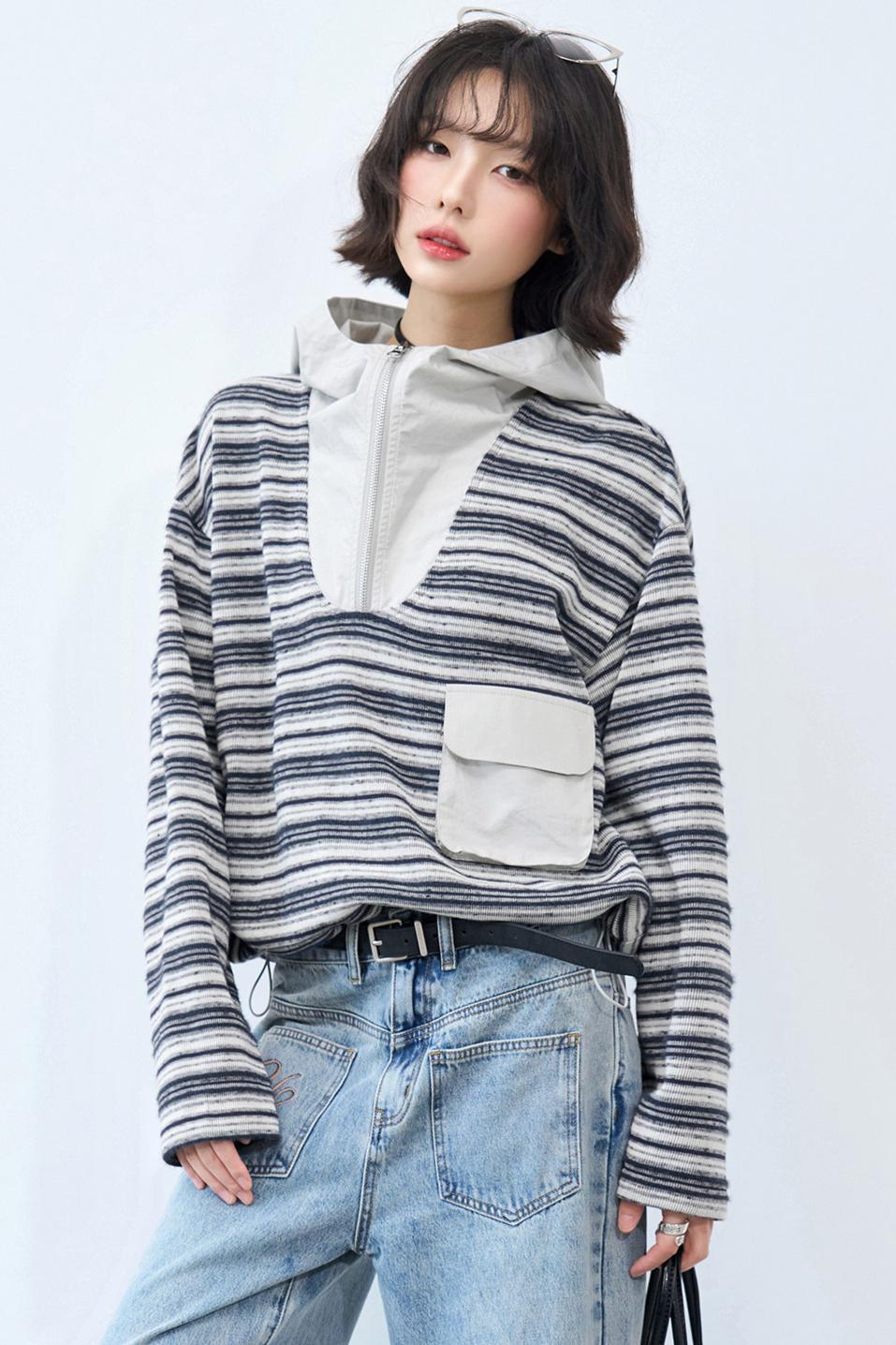 Striped Loose Hooded Cropped Top