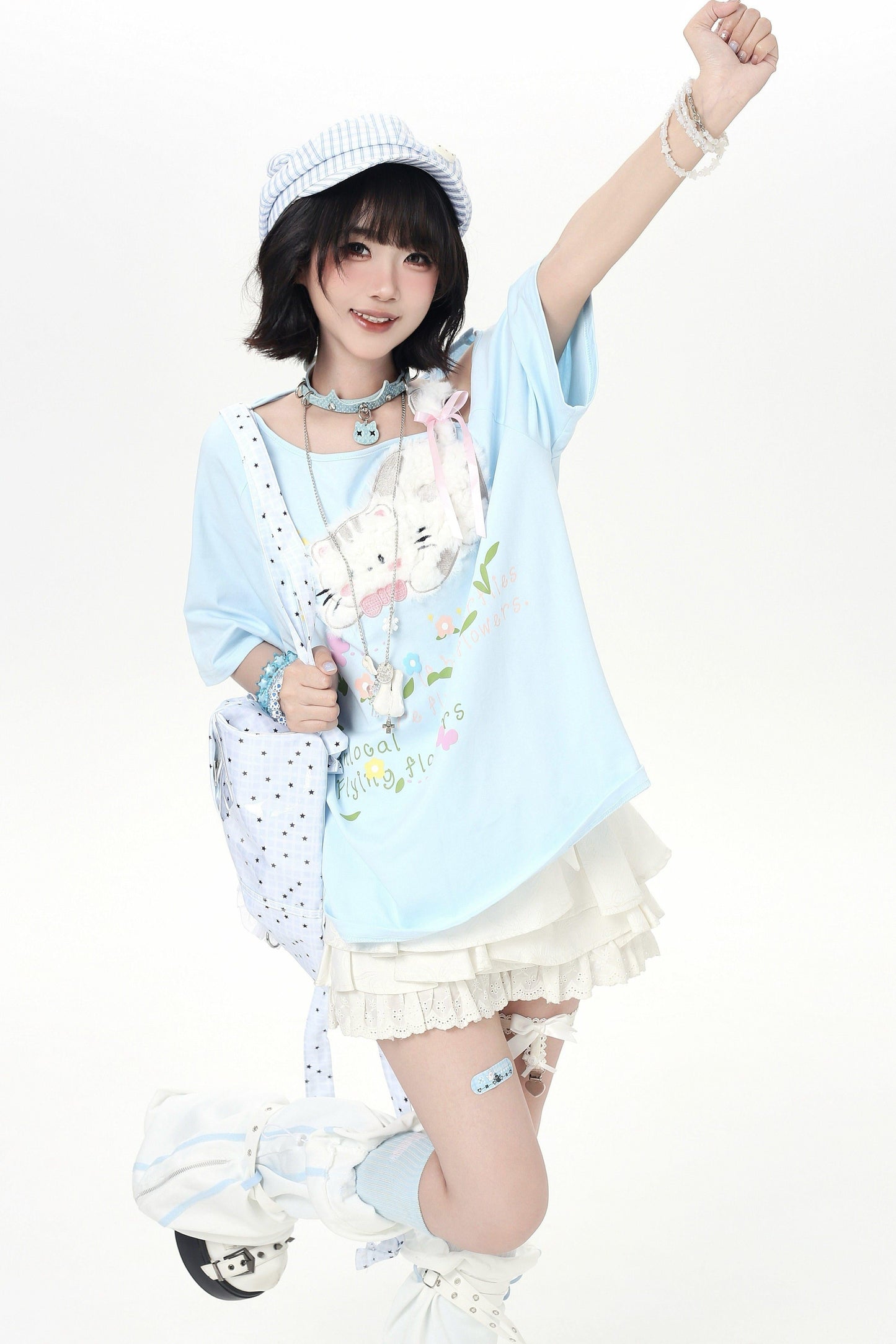 Sweet Cat Off-shoulder Strap Top