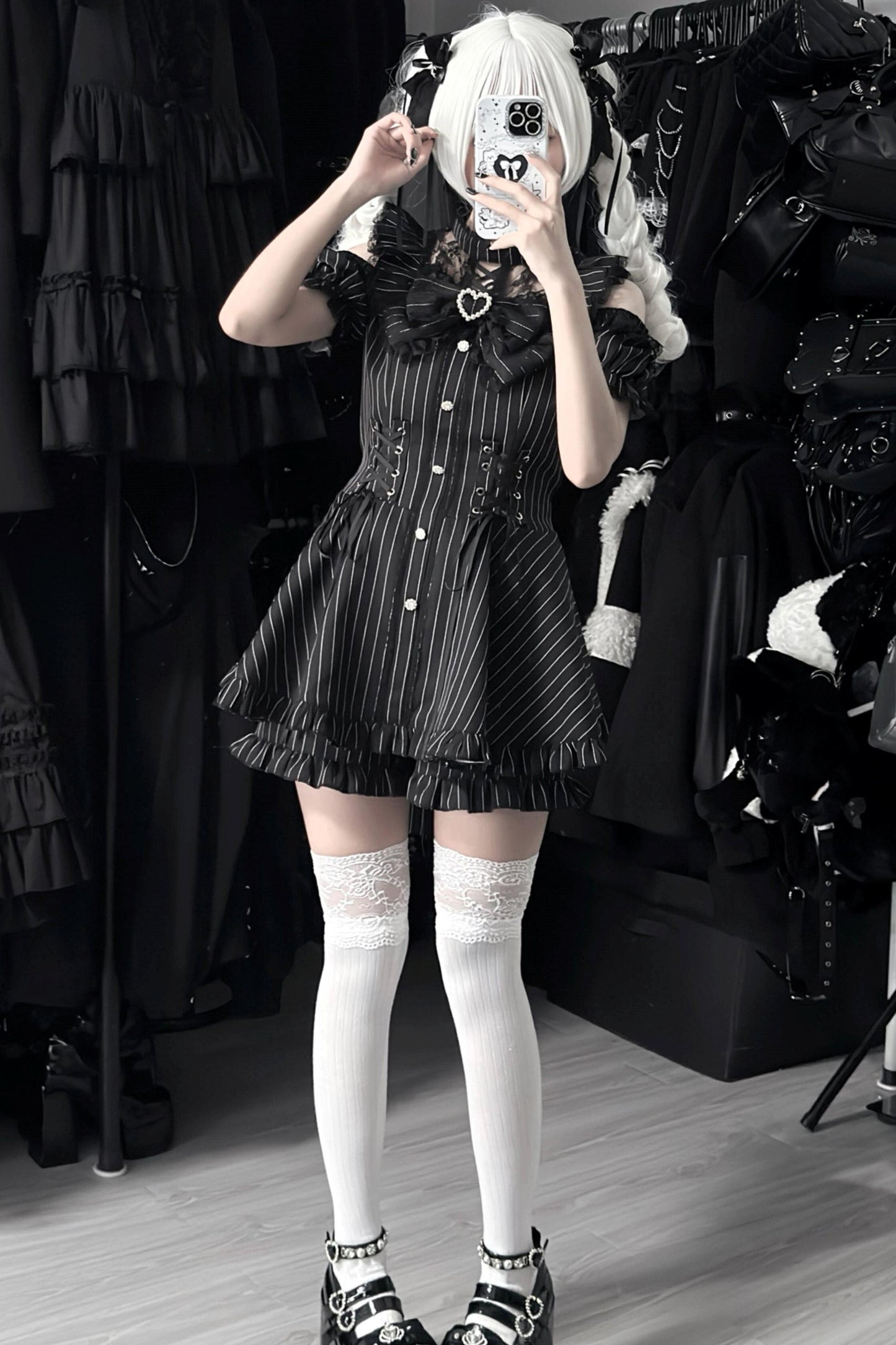 Black / Striped Gothic Lace Ribbon Dress Set