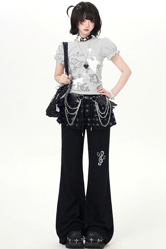 Starry Print Girly Puff Sleeve Top