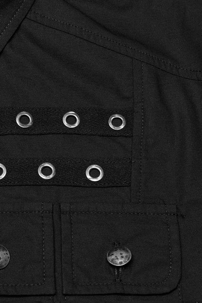 Black Lapel Collar Short Sleeves Pocket Eyelet Punk Blouse