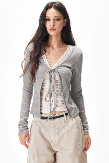 Fine Ribbed Knit Lace Blouse