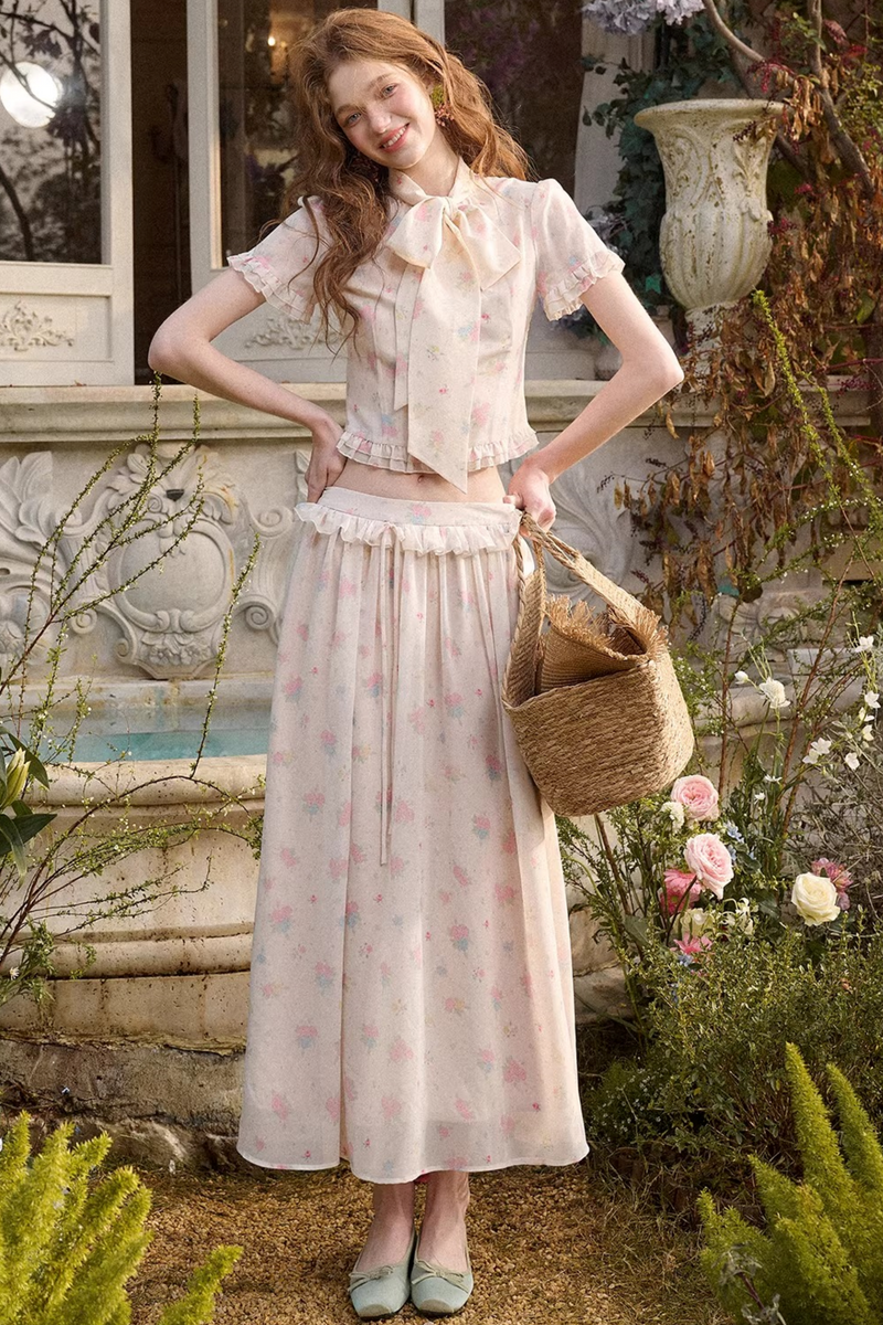 Mediterranean Print Chiffon Top + Skirt